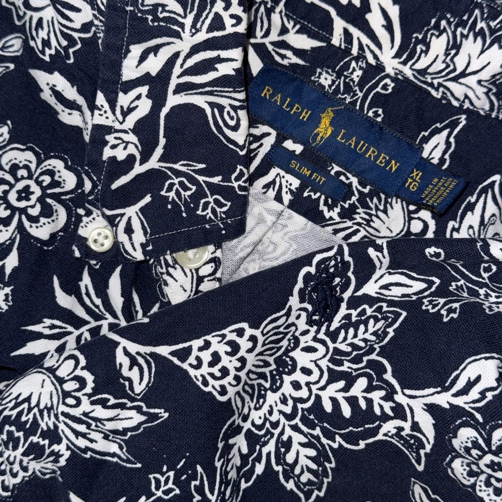 Polo Ralph Lauren Floral Short Sleeve Button Down Oxford Mens XL Slim Navy White